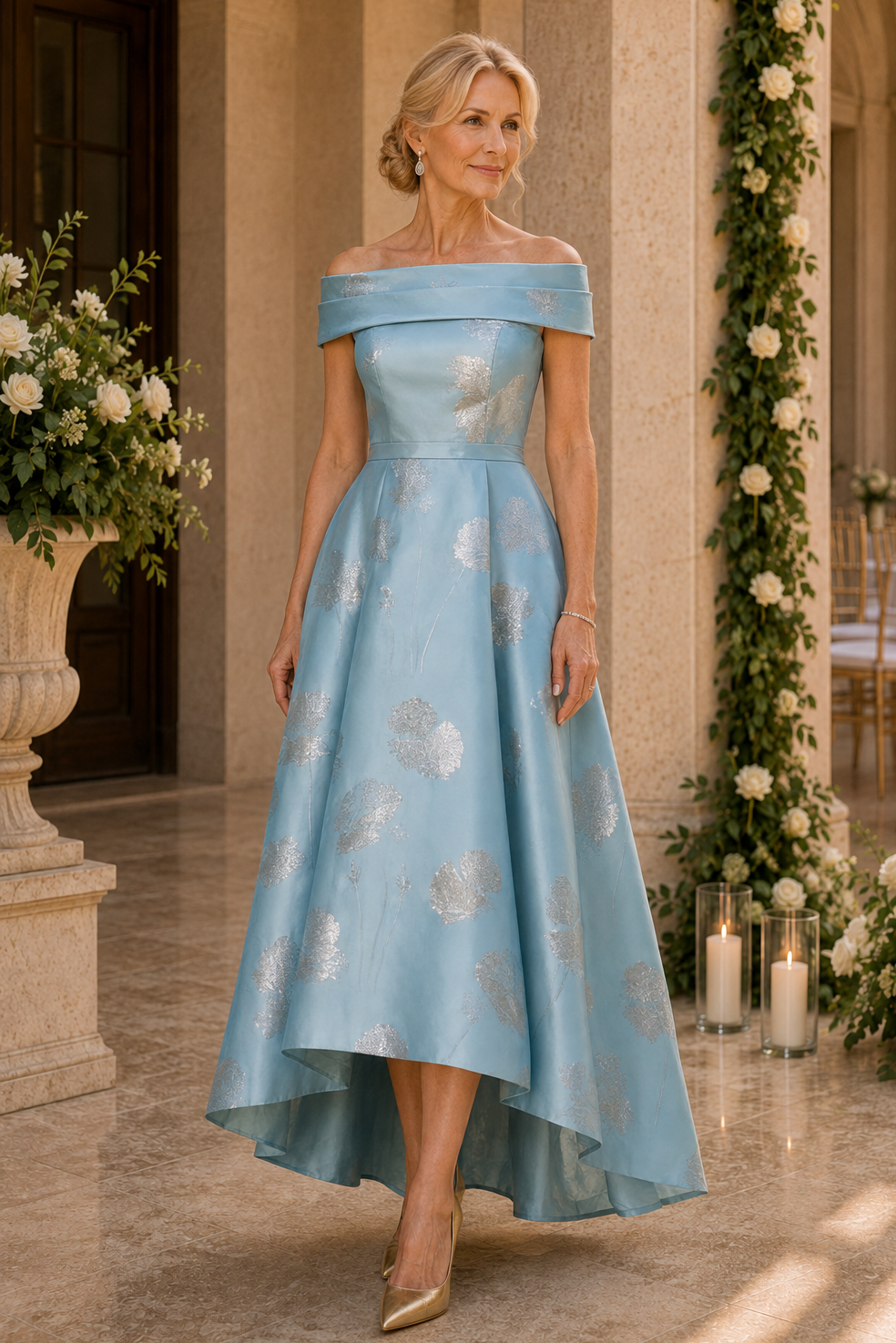 Vestido de flores metálico con escote bardot y bajo asimétrico