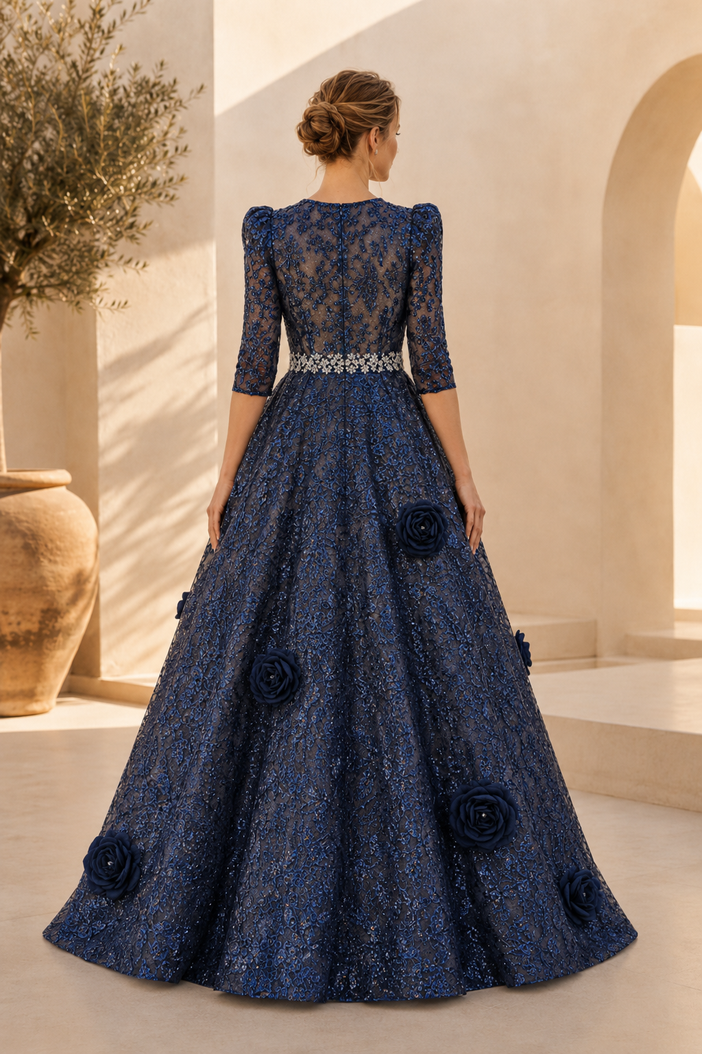 Vestido de encaje con apliques florales 3D y cintura con cuentas