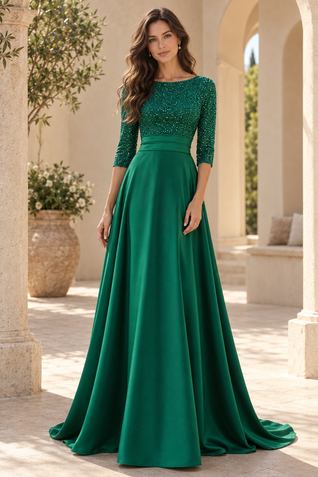 Sequin Bodice A-Line Evening Gown with 3/4 Sleeves