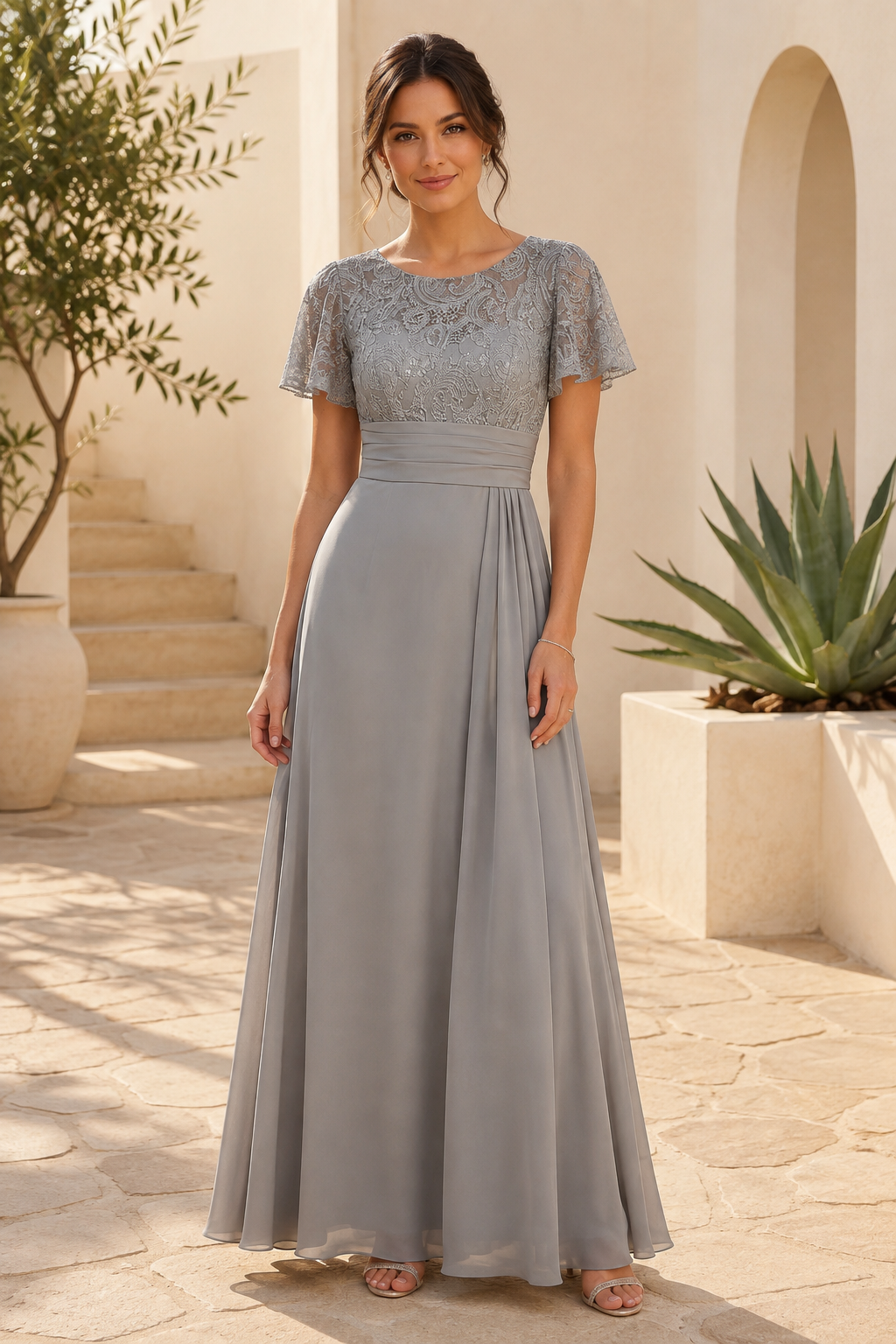 Vestido de noche acampanado con corpiño de encaje y mangas con volantes