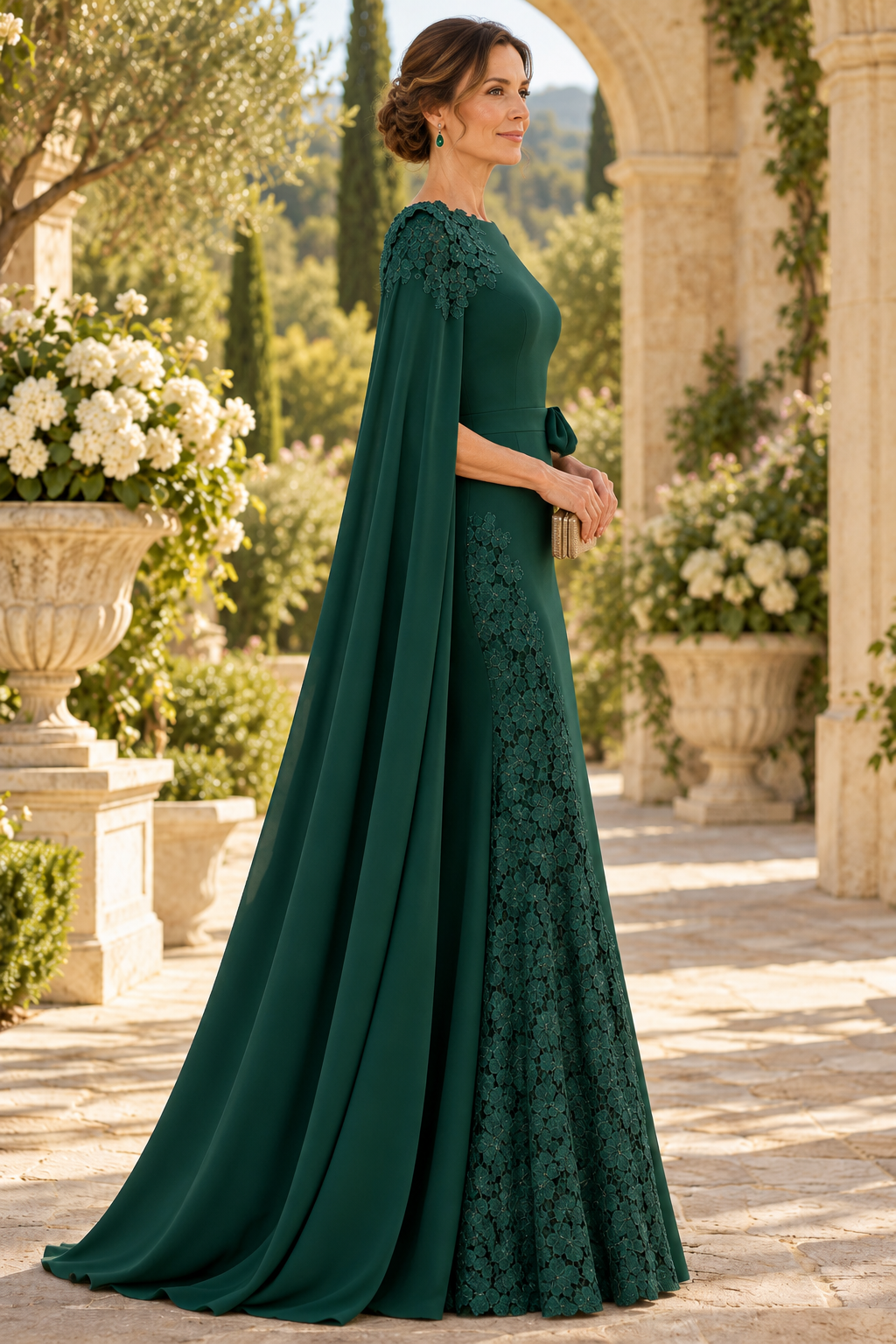 Cape Evening Gown with Lace Applique Inset