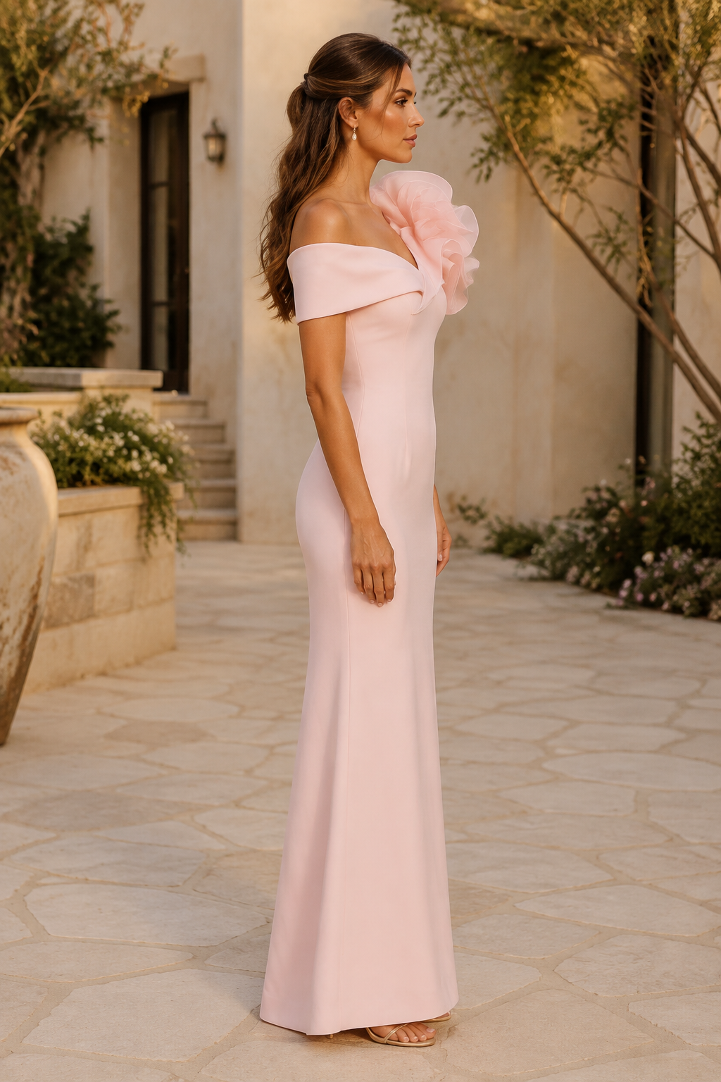 Vestido entallado con hombros descubiertos y detalle de flor 3D en el hombro