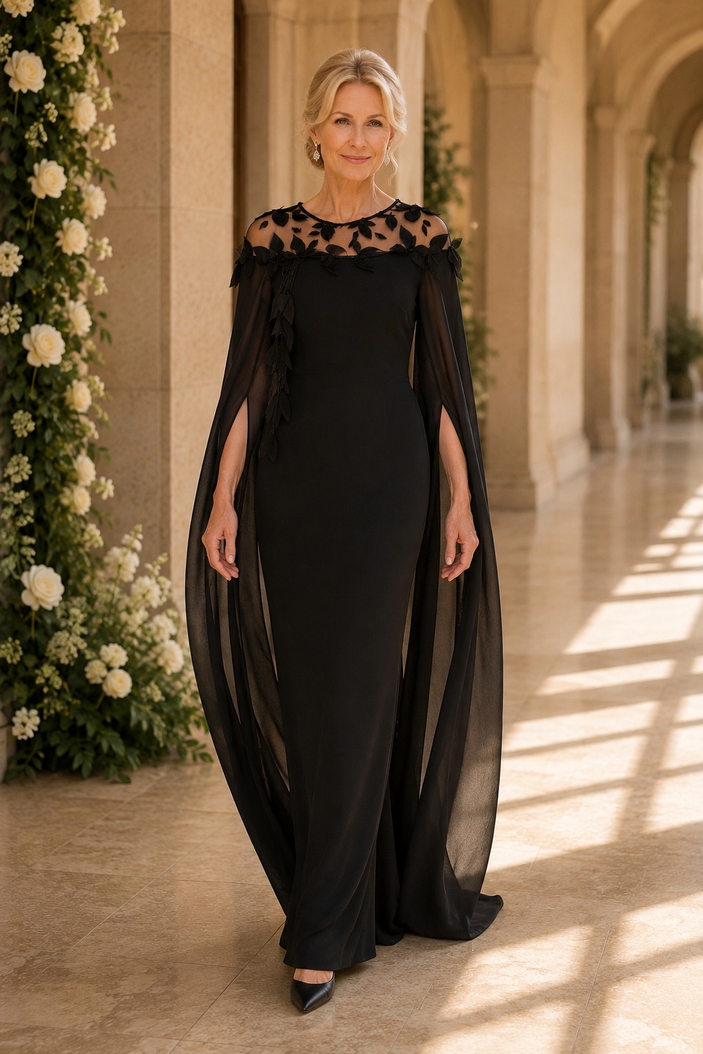 Vestido de noche con capa y escote ilusión