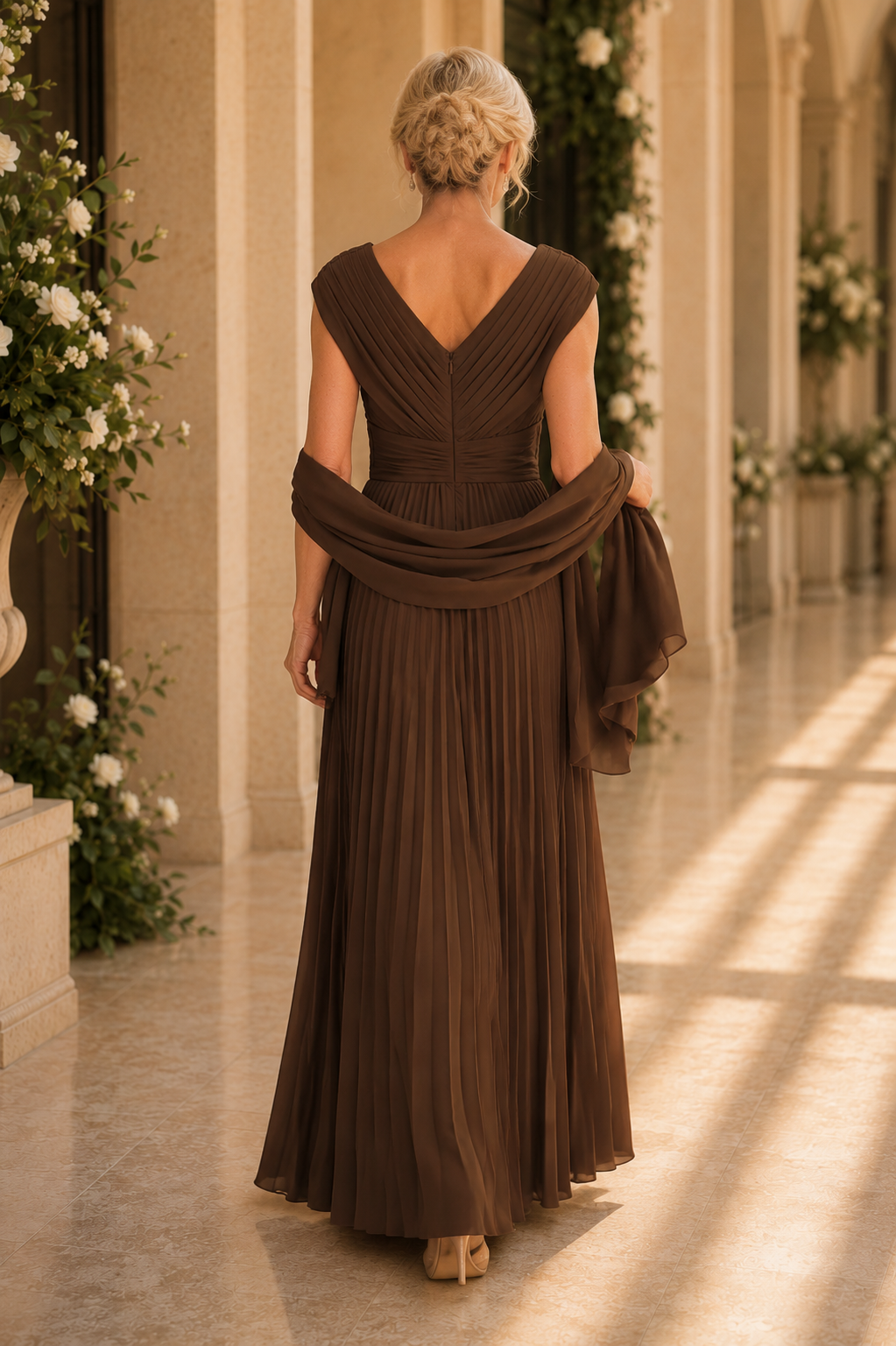 Maxivestido Plisado con Cuello en V y Chal a juego