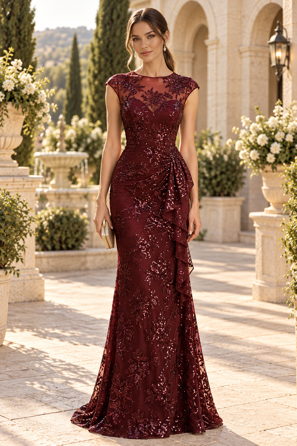 Sequin Cap Sleeve Evening Gown with Side Ruffle