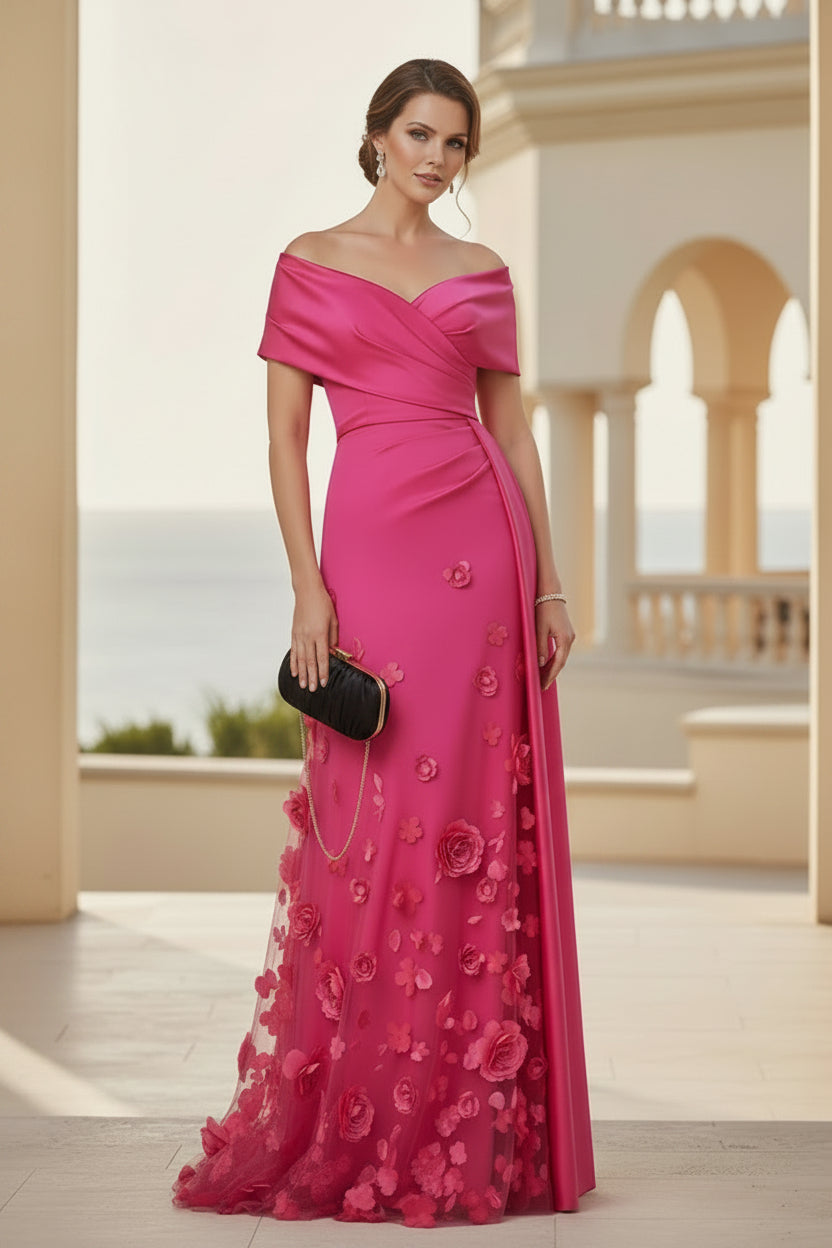Vestido de noche con apliques florales y escote Bardot