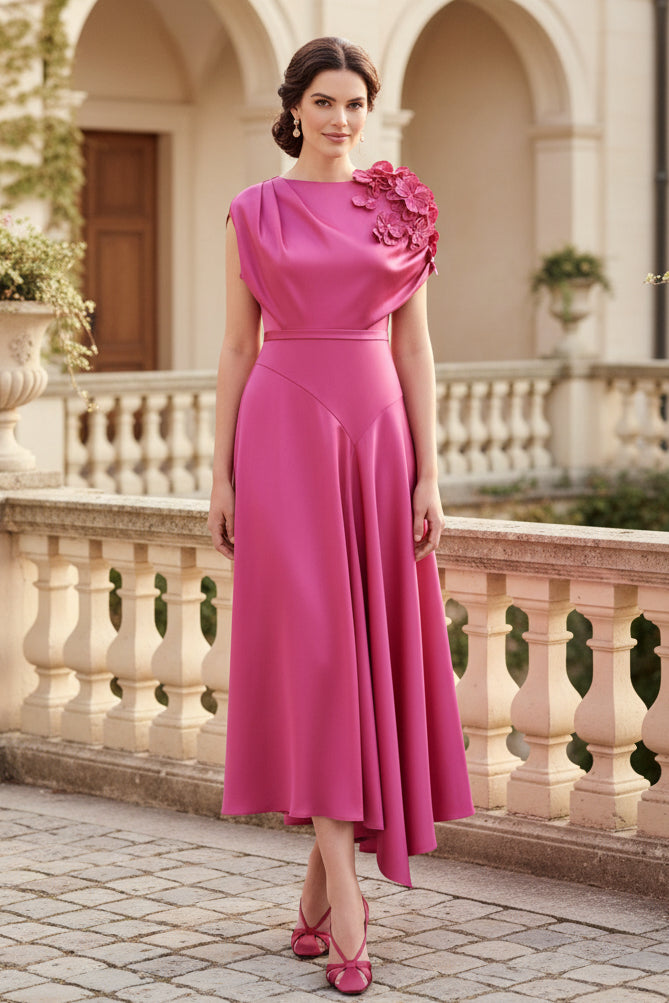 Vestido midi asimétrico de satén con corte en A y flores 3D