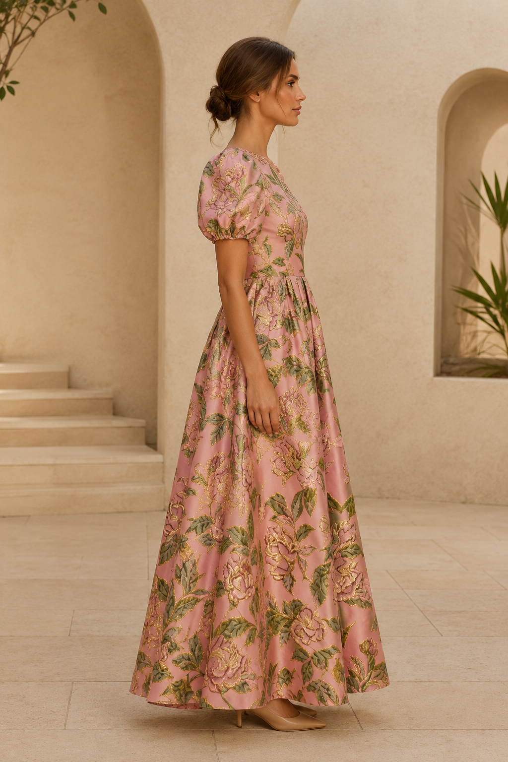 Vestido de Noche Acampanado de Jacquard Floral con Mangas Abullonadas