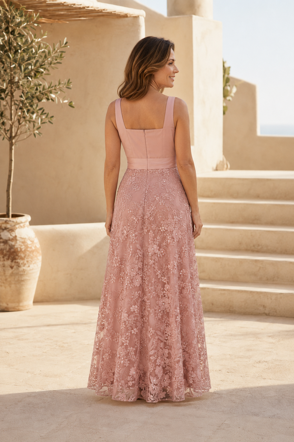 Vestido de fiesta formal con escote cuadrado y encaje, corte en A