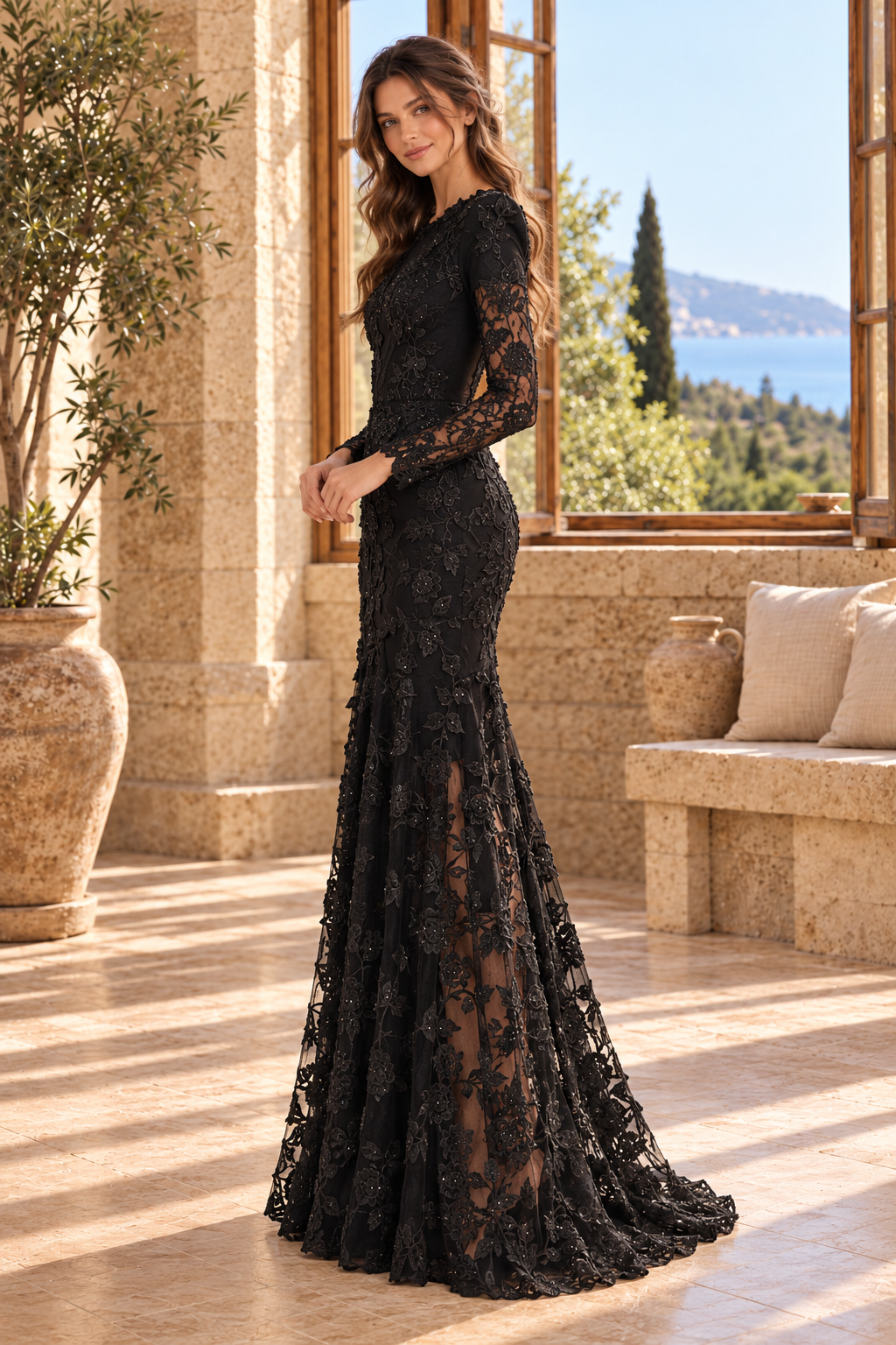 Embroidered Lace Mermaid Gown with Long Sleeves