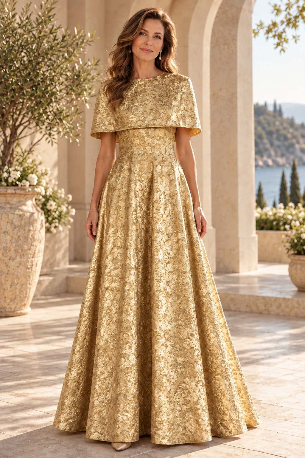 Jacquard A-Line Evening Gown with Capelet