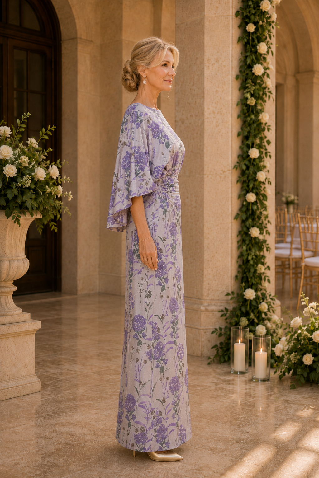 Vestido largo de corte recto con capa estampada de flores