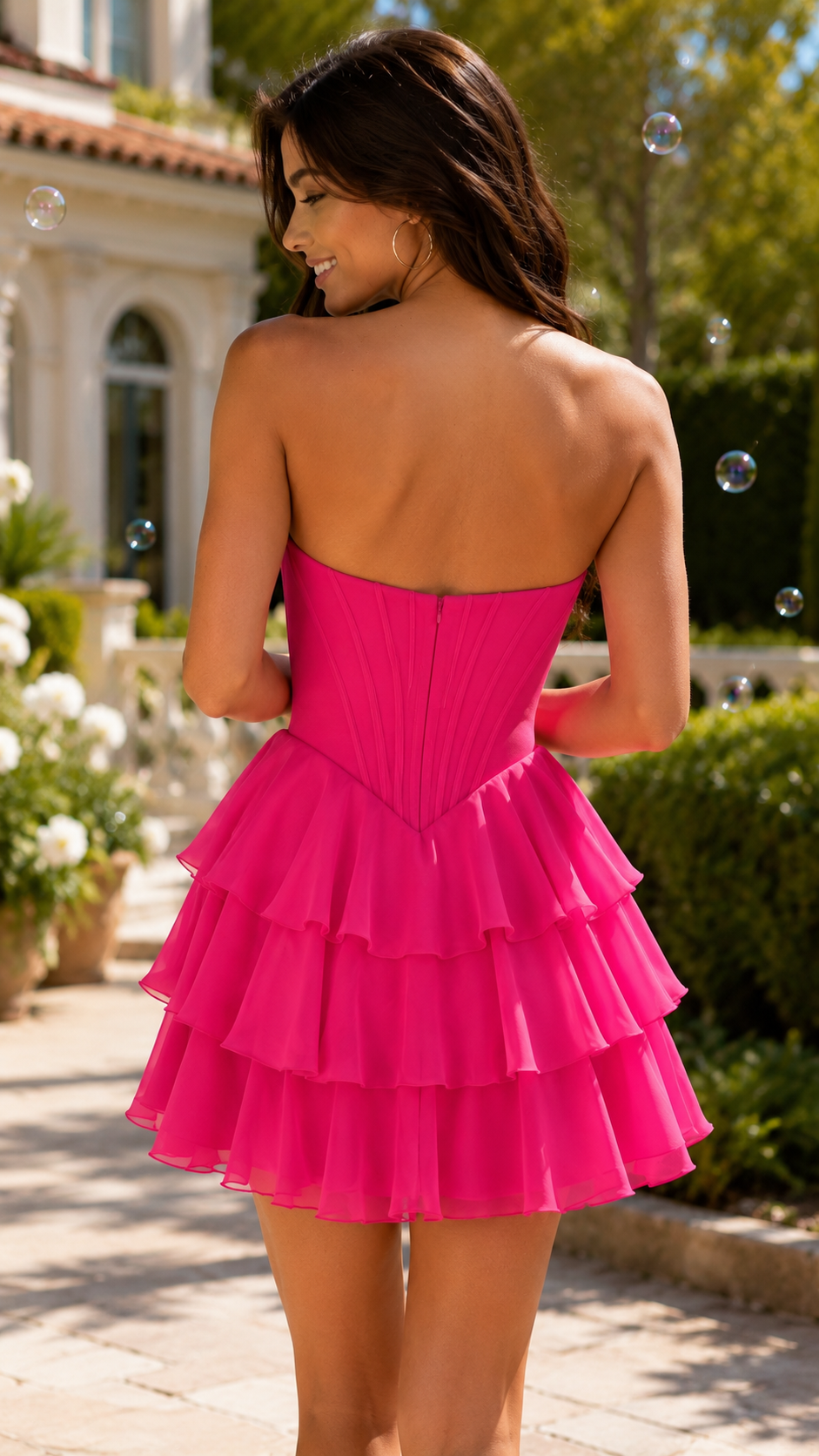 Minivestido con corsé sin tirantes escote corazón con cuentas y volantes por niveles