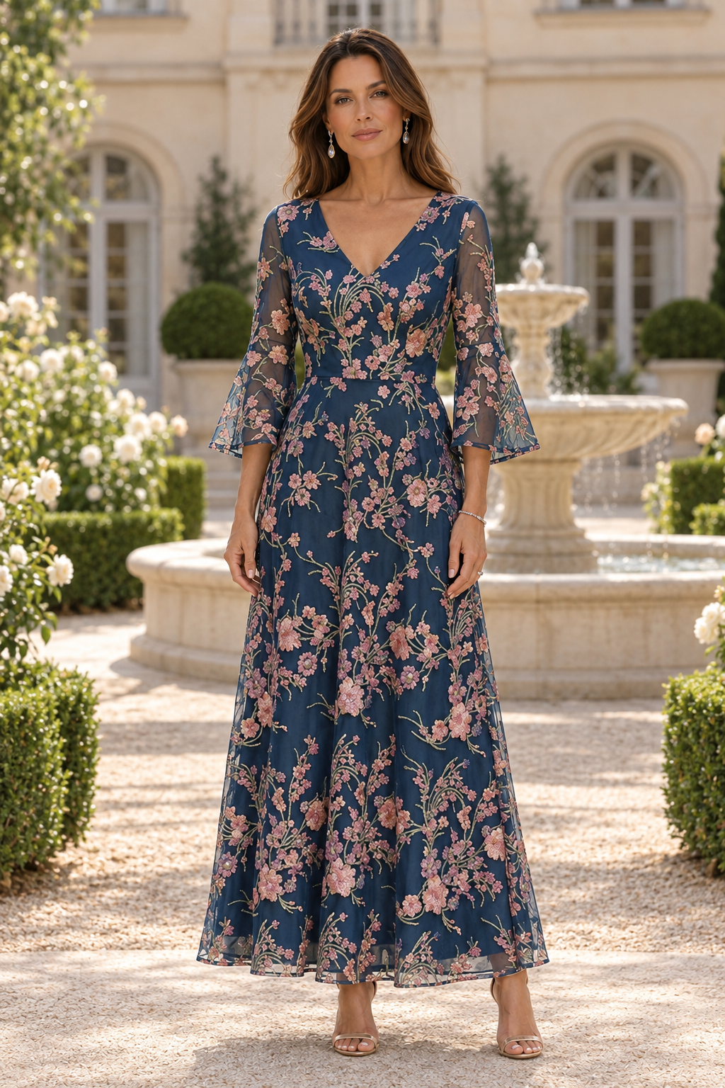 Vestido largo con cuello en V, mangas acampanadas y bordado floral