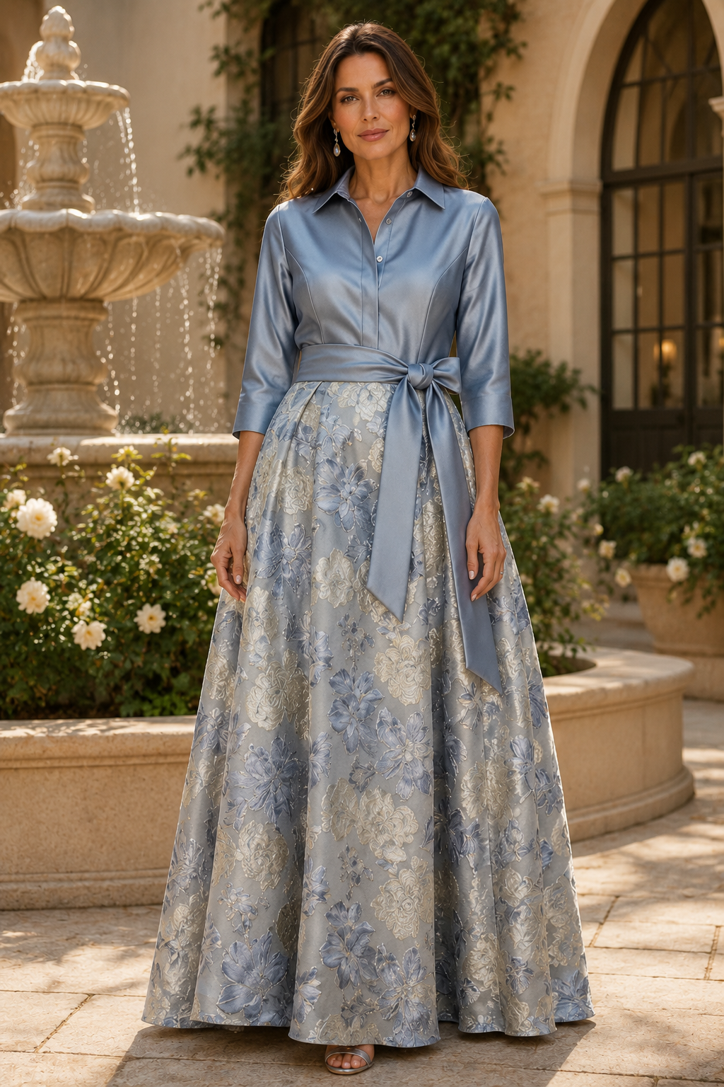 Vestido de Noche Acampanado de Brocado Floral con Cuello