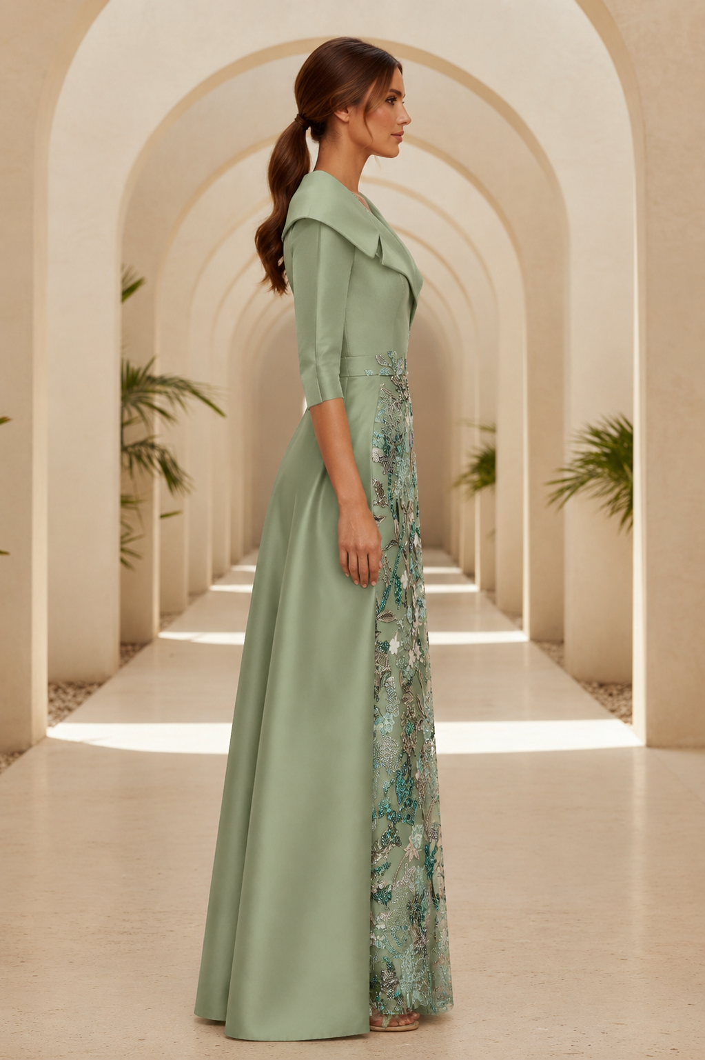 Vestido tubo de lentejuelas florales con sobrefalda de raso tipo cola
