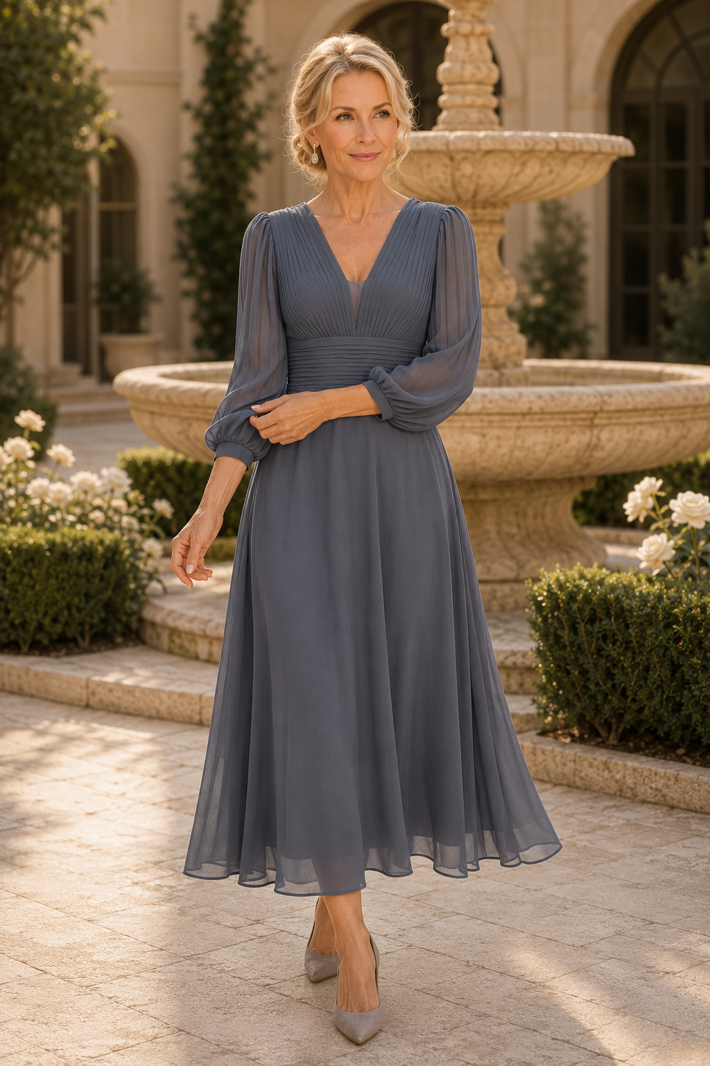 Vestido Midi con Escote en V, Plisado y Mangas Largas de Gasa