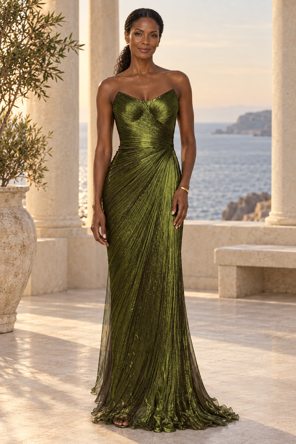Strapless Pleated Metallic Evening Gown
