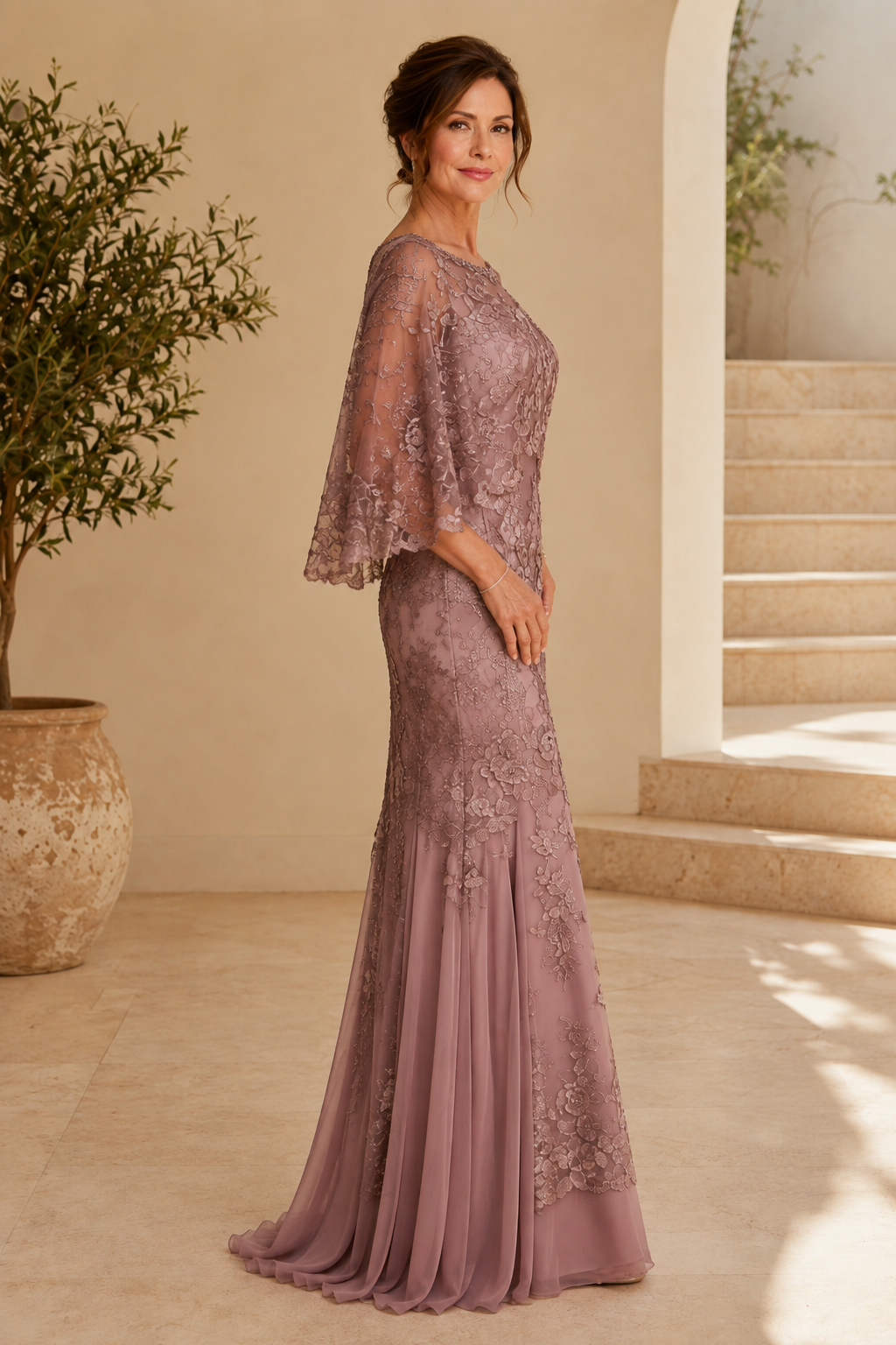 Vestido de cola de trompeta con capelina bordada