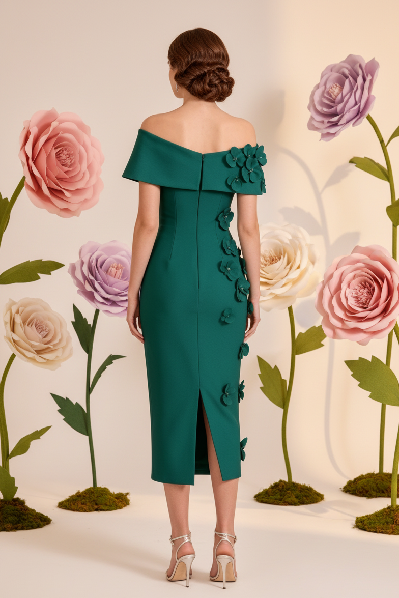 Vestido midi con diseño floral 3D y hombros descubiertos