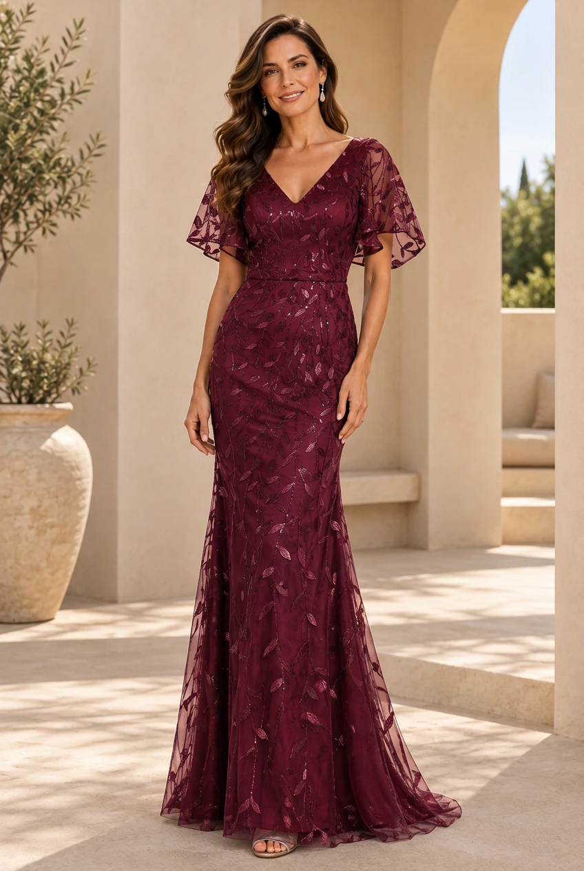 Sequin Embroidered Flutter Sleeve Evening Gown