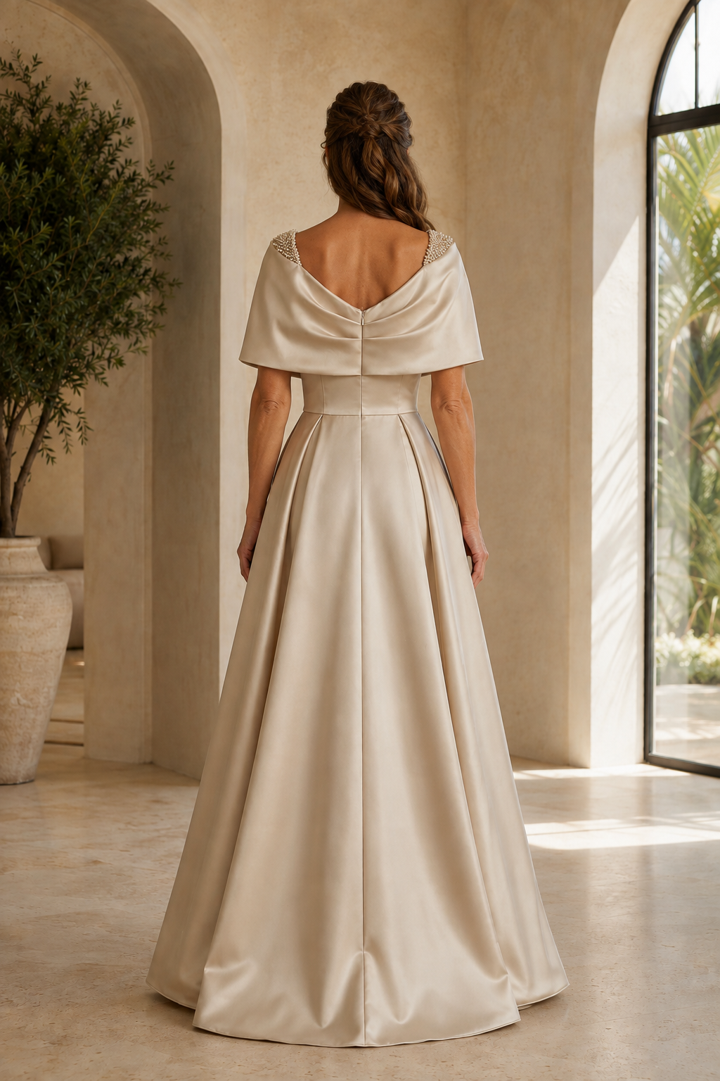Vestido de raso corte A con capelina de cuentas