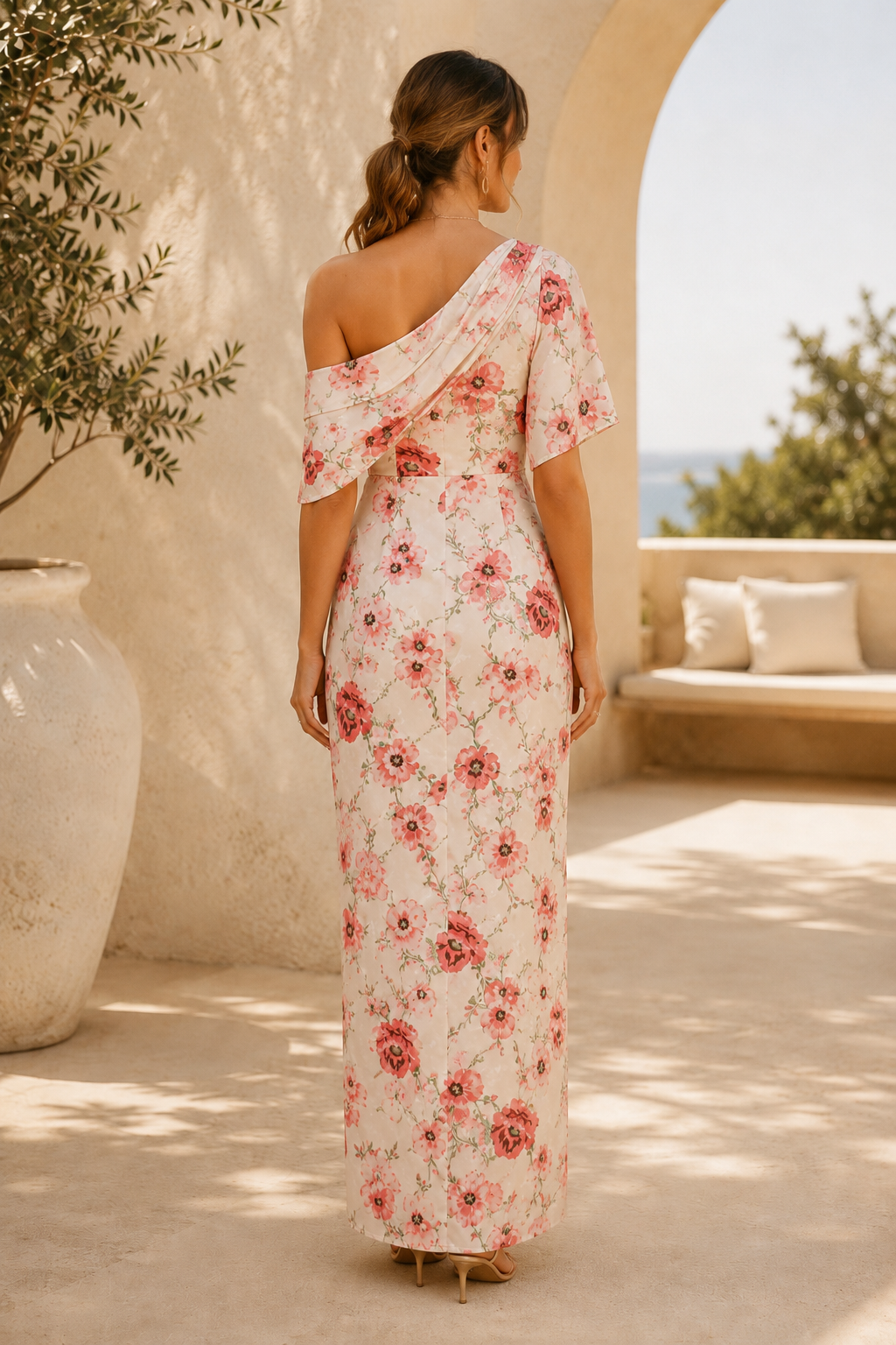 Vestido largo floral con drapeado y un hombro