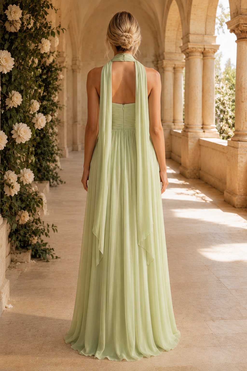 Vestido largo sin tirantes fruncido con escote tipo bufanda