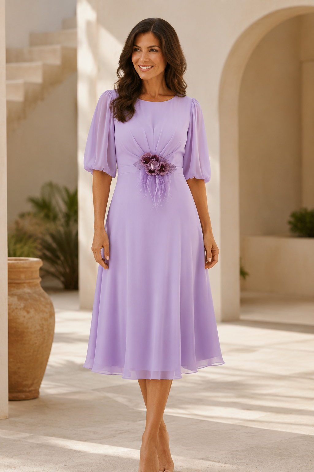 Vestido midi de chifón corte A con apliques florales