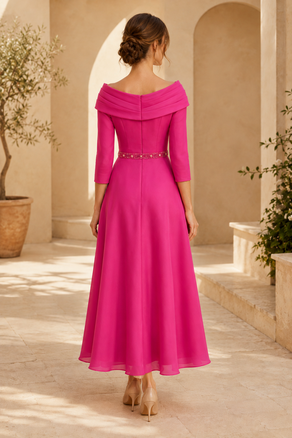 Vestido de corte A con escote tipo retrato y rosetón