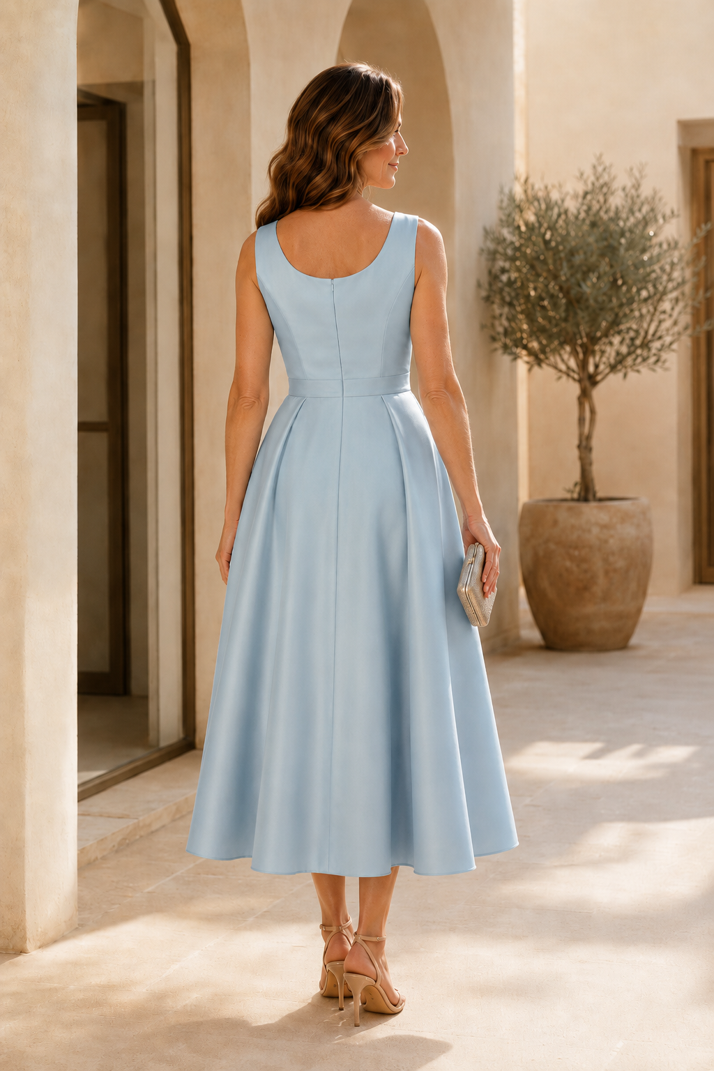 Vestido de raso corte A altura té con bordado floral
