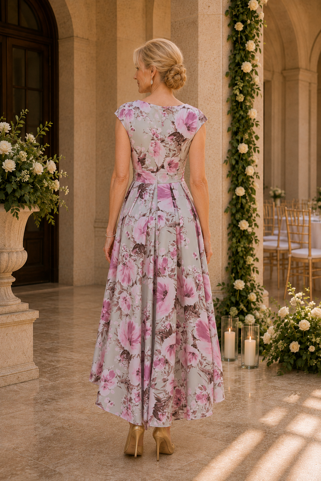 Vestido floral de corte A asimétrico con mangas casquillo