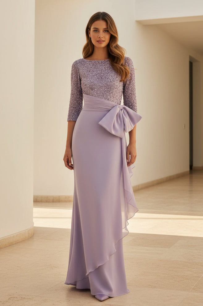 Vestido de noche con lentejuelas, manga 3/4 y lazo