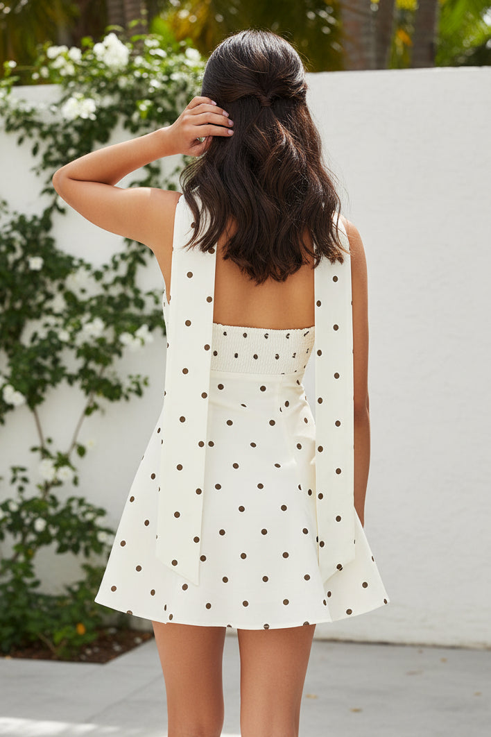 Minivestido palabra de honor de lunares con pañuelo para el cuello