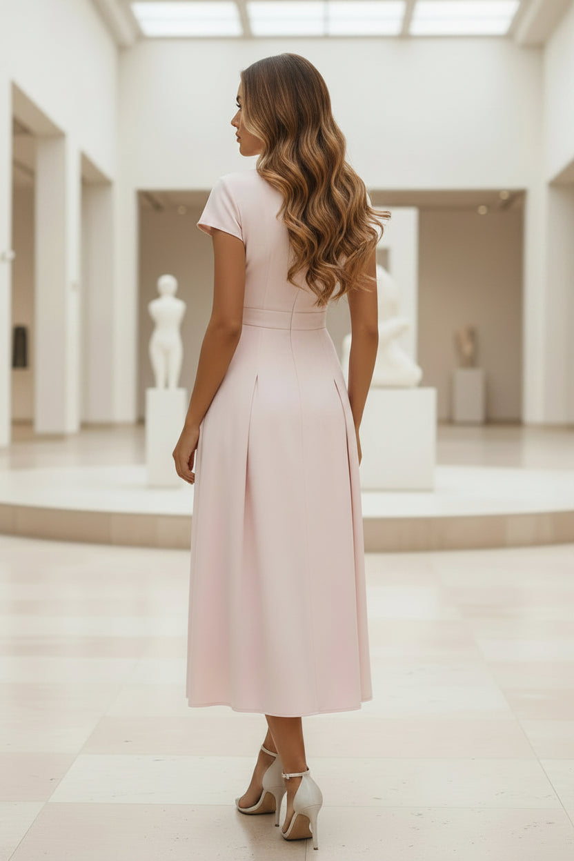 Vestido Midi con Escote Pronunciado en V, Manga Corta y Cinturón de Lazo
