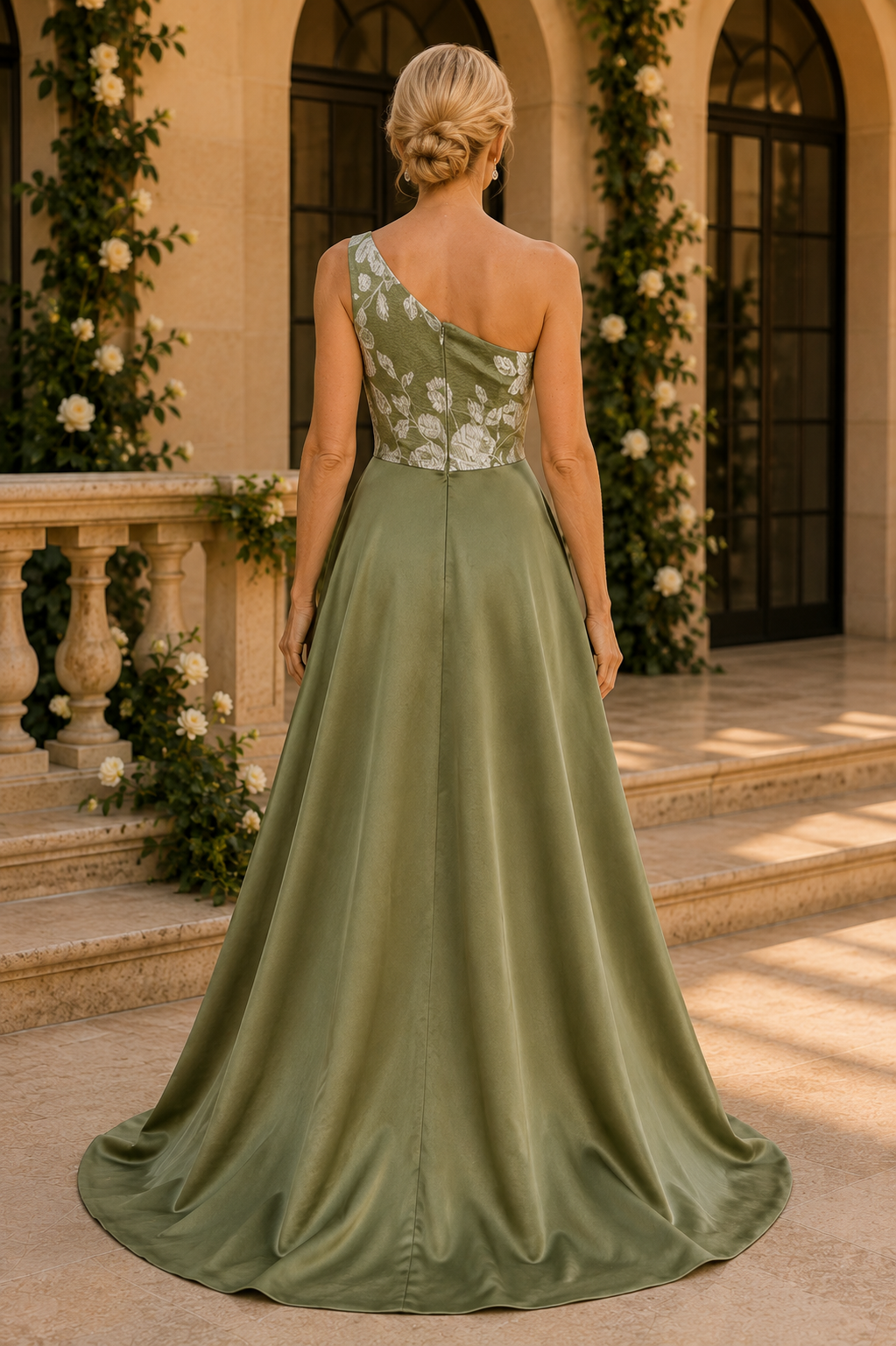 Vestido largo de jacquard floral de un hombro con sobrefalda