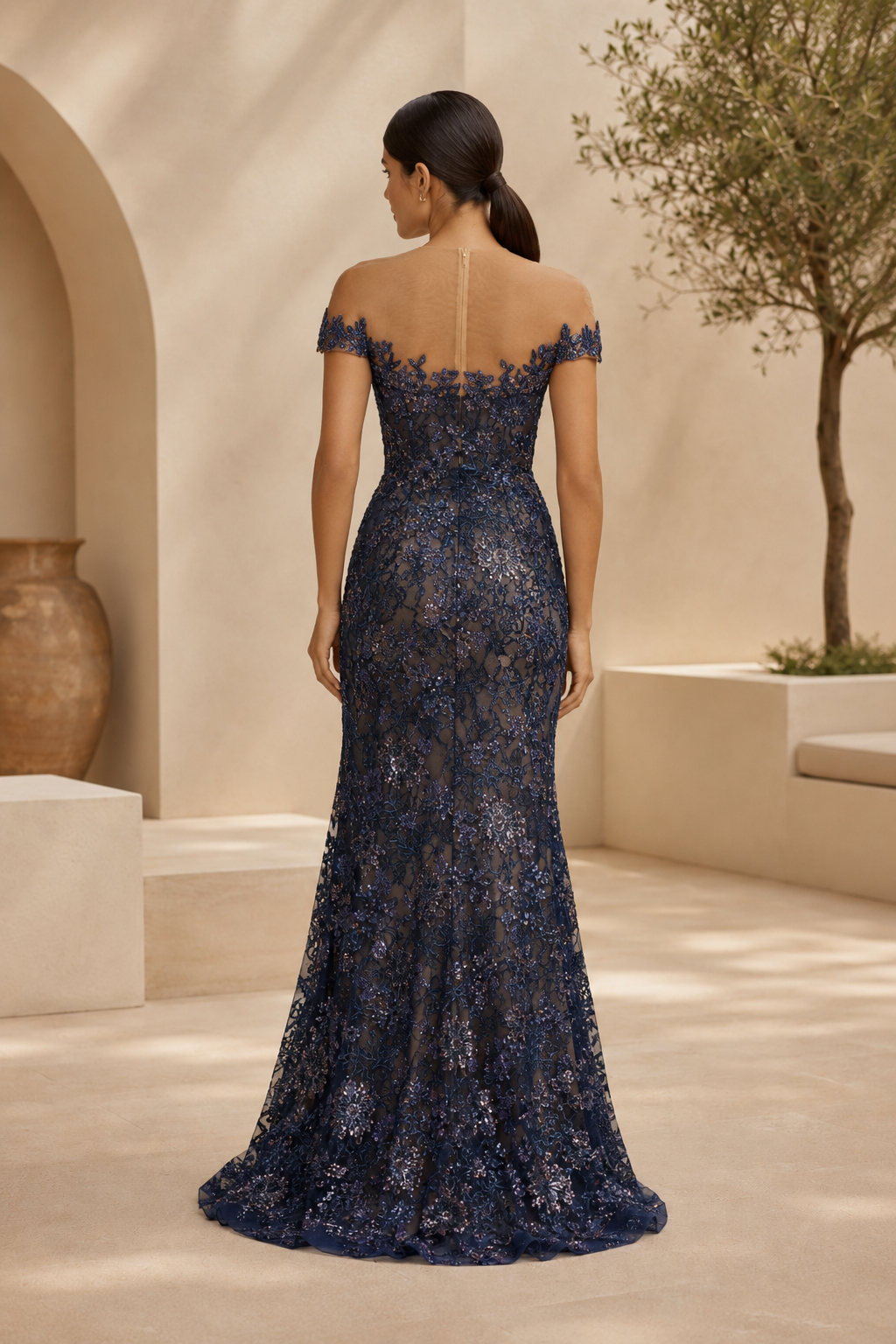 Vestido de Noche Estilo Sirena con Hombros Descubiertos y Encaje Floral