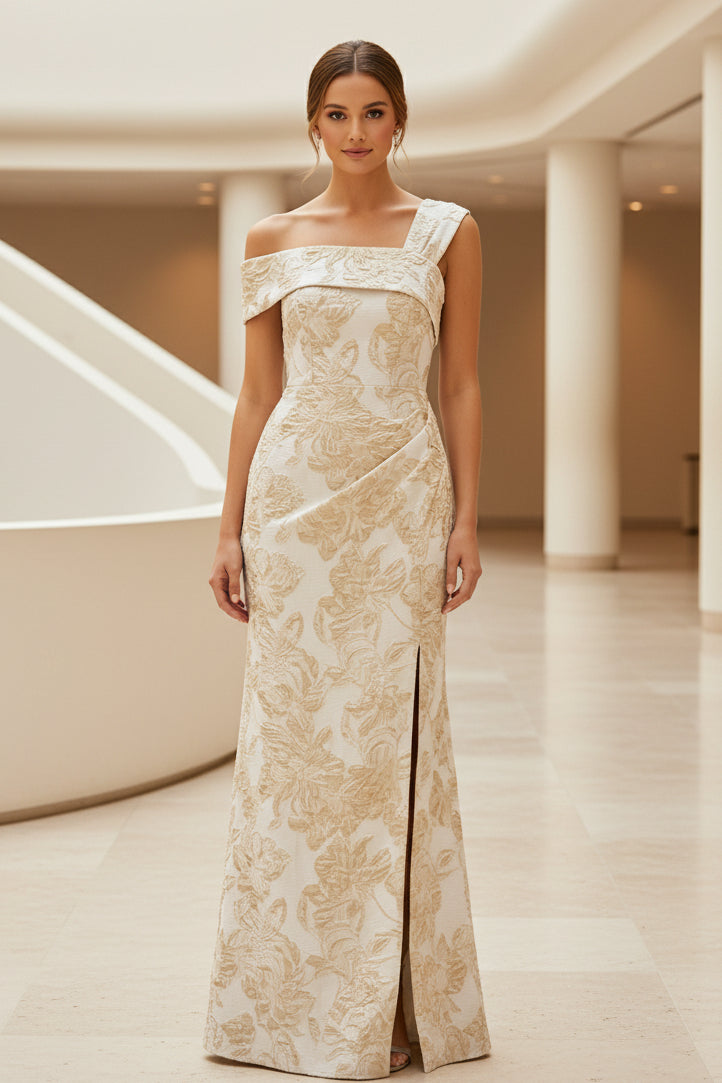 Vestido de noche largo jacquard floral con abertura y un solo hombro