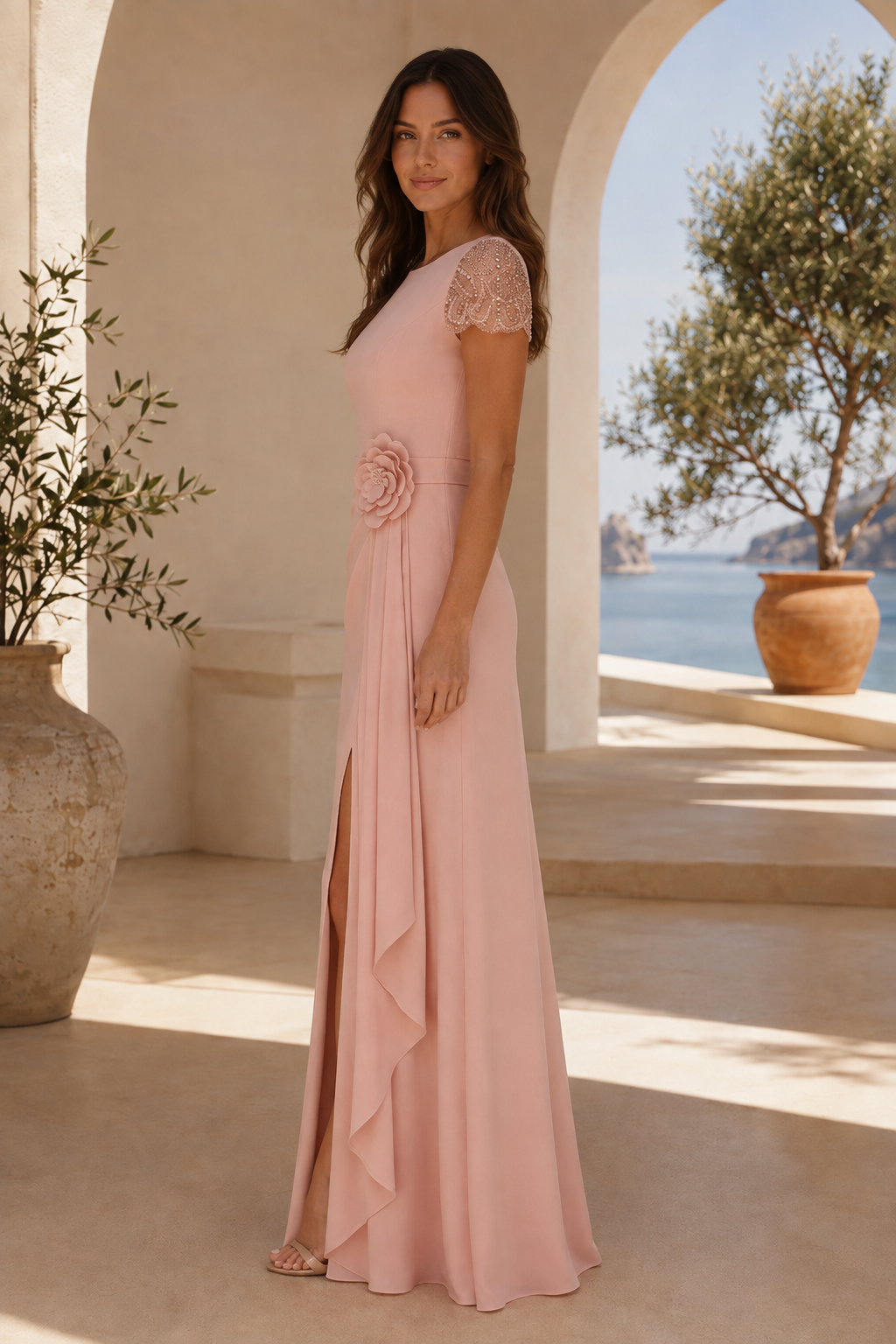 Vestido con cuentas, manga casquillo y detalle floral 3D en la cintura