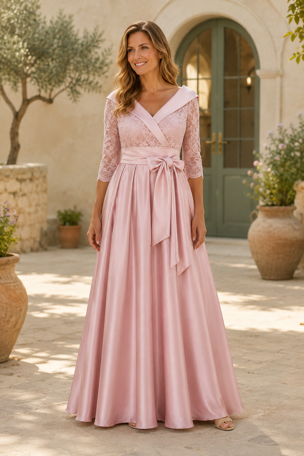 Vestido de noche estilo A con corpiño de encaje y fajín