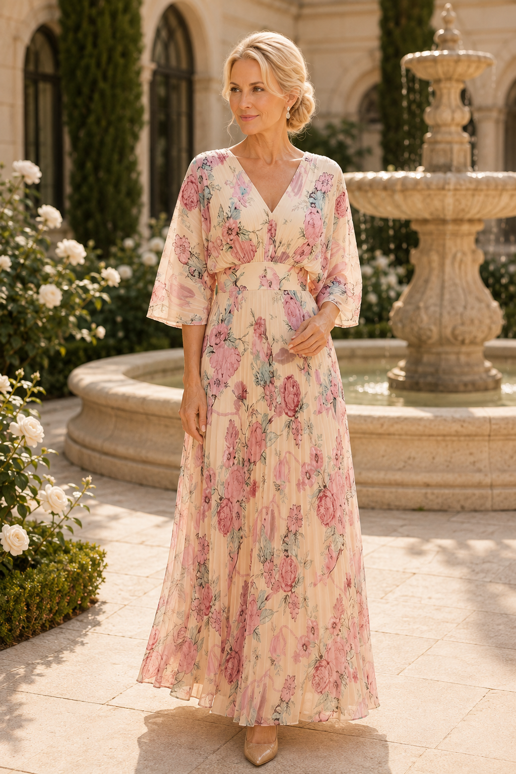 Vestido Maxi Plisado con Estampado Floral y Mangas Acampanadas
