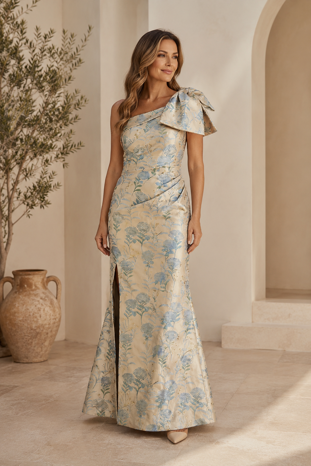 Vestido largo de jacquard floral de un hombro con detalle de lazo