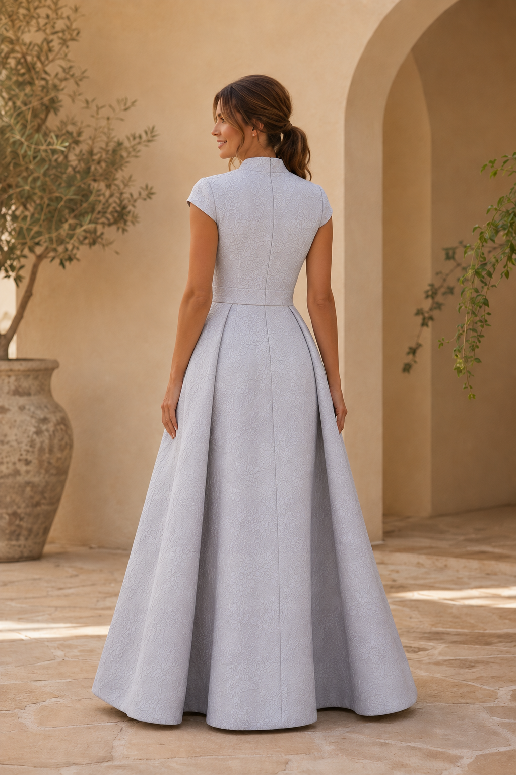 Elegante vestido jacquard línea A con flor 3D