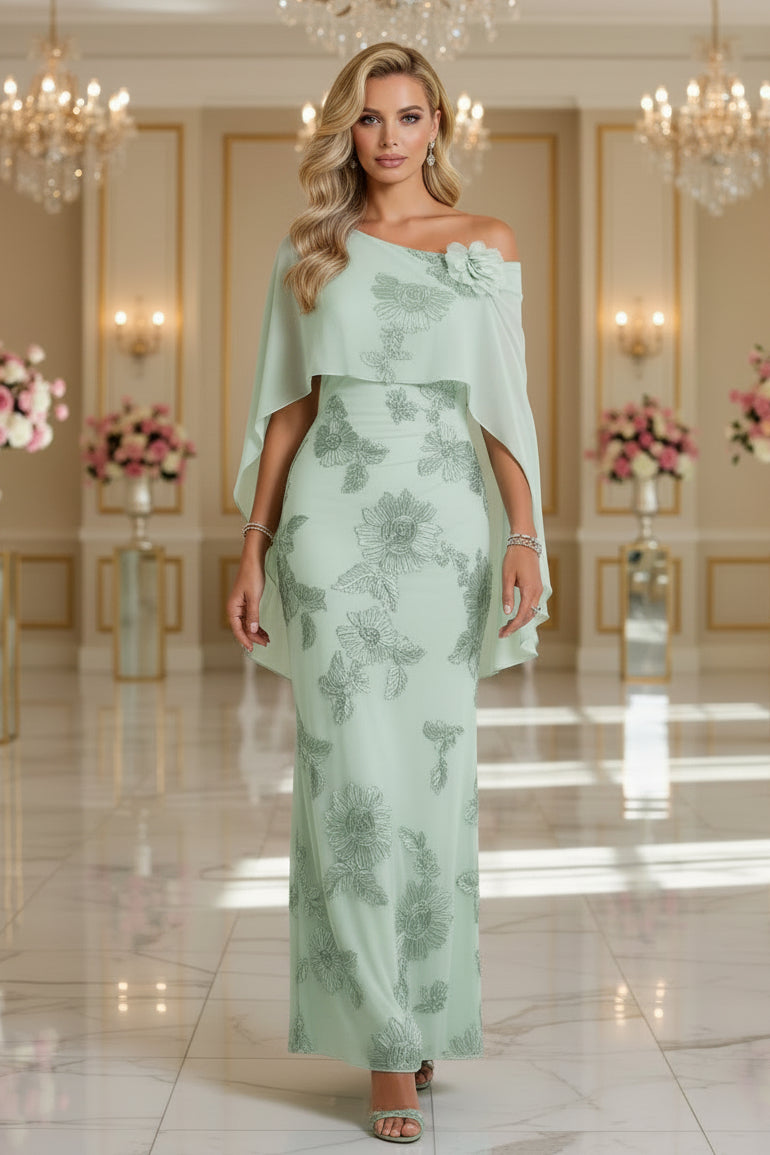 Vestido de noche con capa floral de un solo hombro