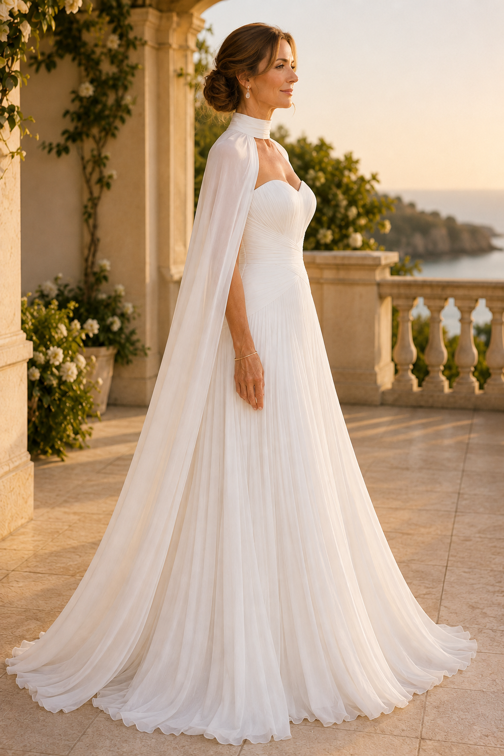 Vestido de gala plisado de corte A con capa de cuello alto