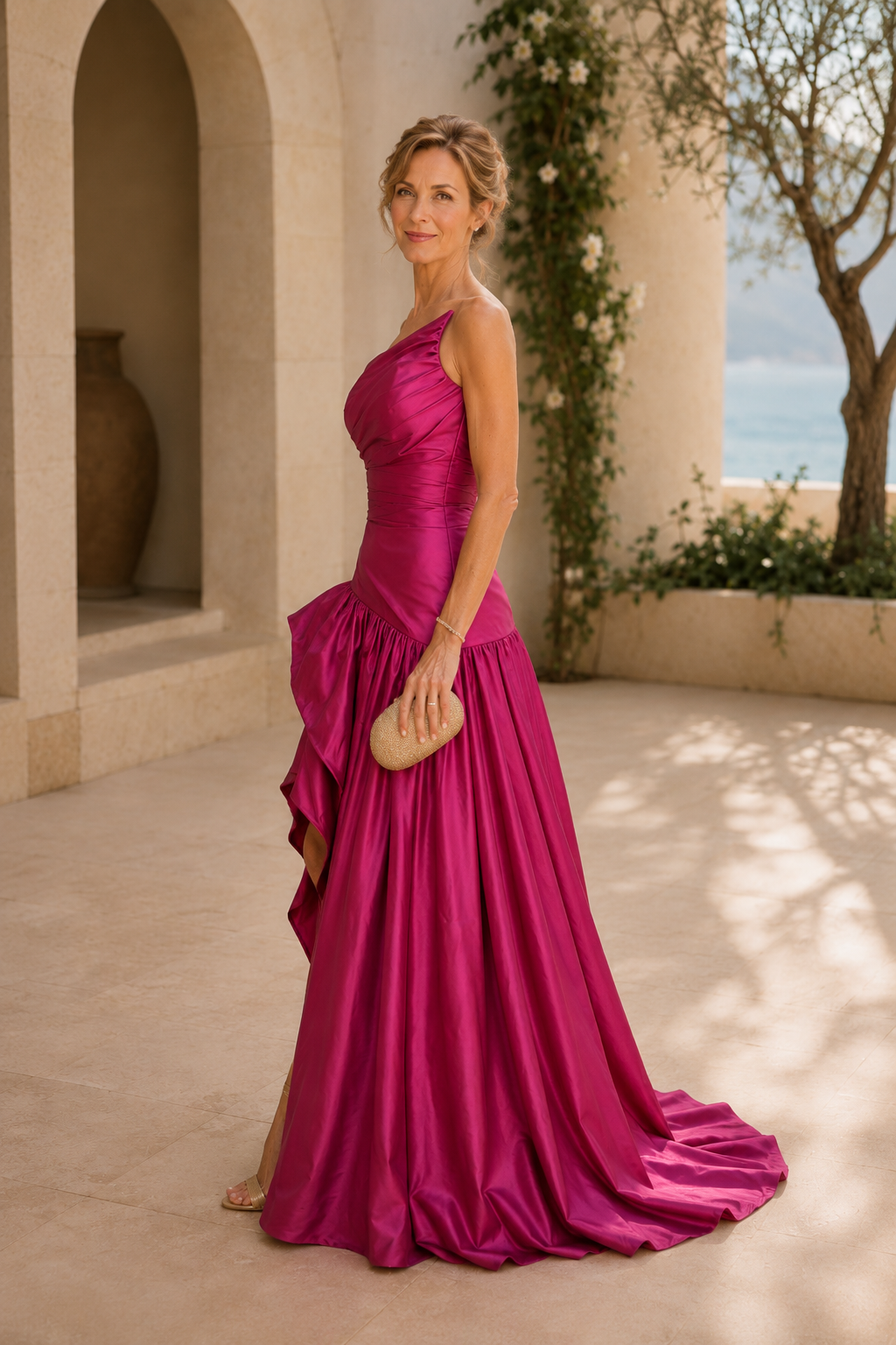 Vestido drapeado de un solo hombro con falda asimétrica de volantes escalonados