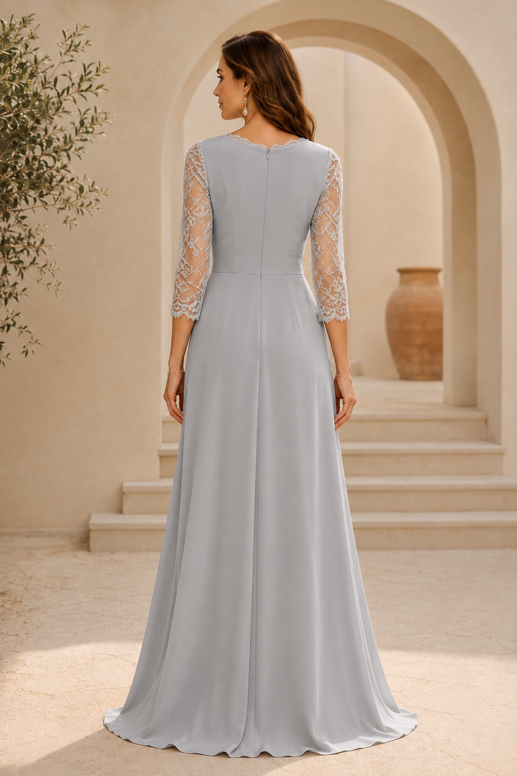 Vestido largo acampanado plisado de encaje con manga 3/4 y flor 3D