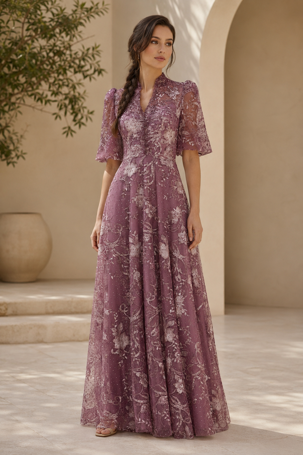 Vestido largo acampanado con cuello alto e ilusión y bordado floral