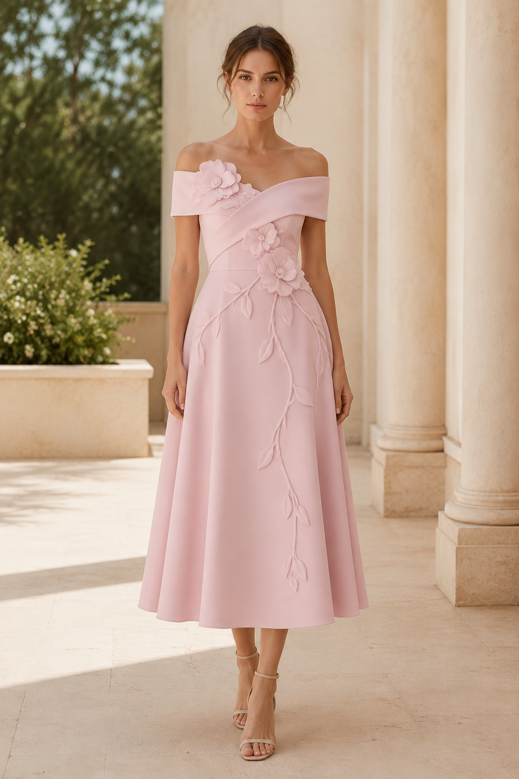 Vestido midi evasé con apliques florales y hombros descubiertos