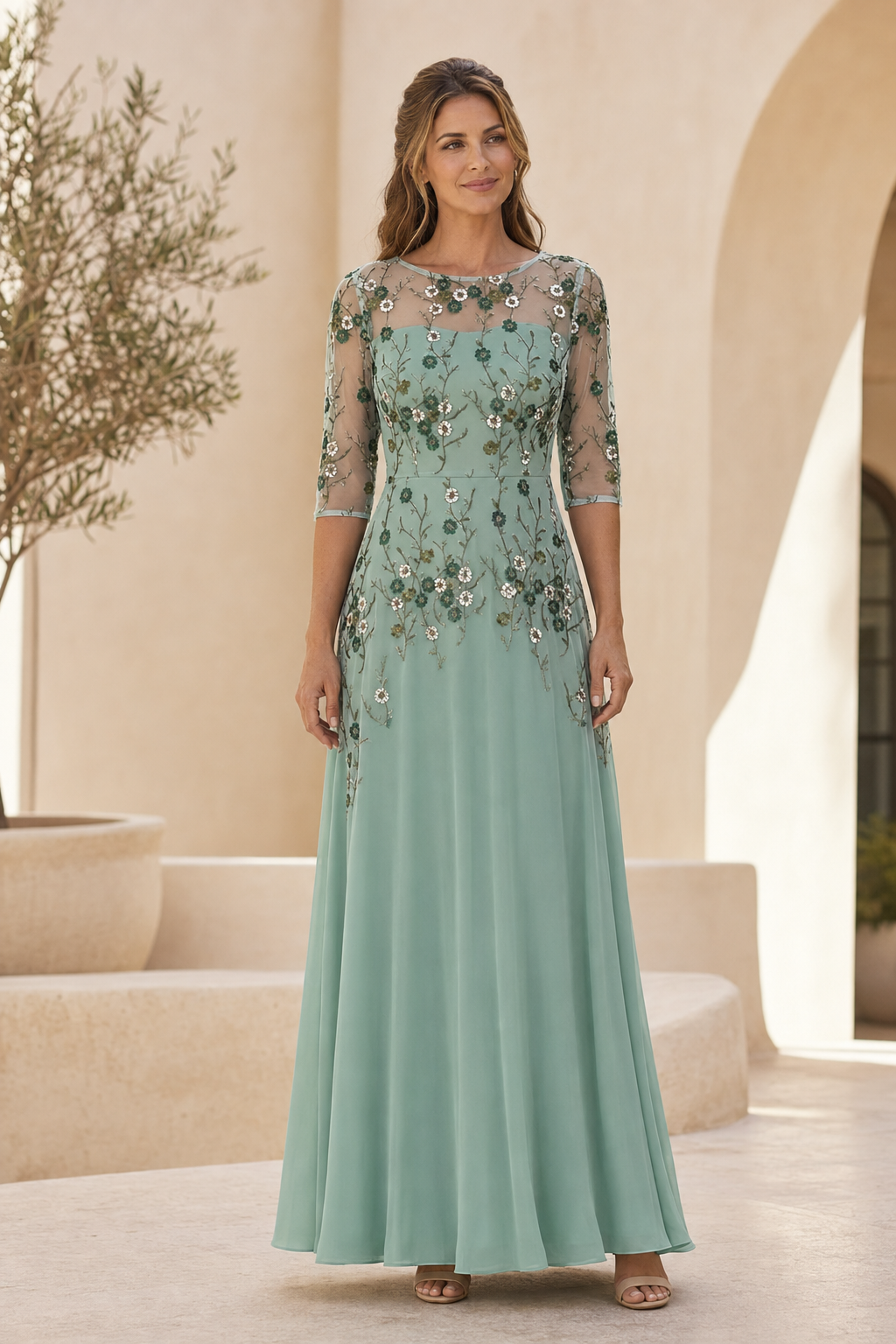 Vestido largo de corte A con bordado floral ilusión